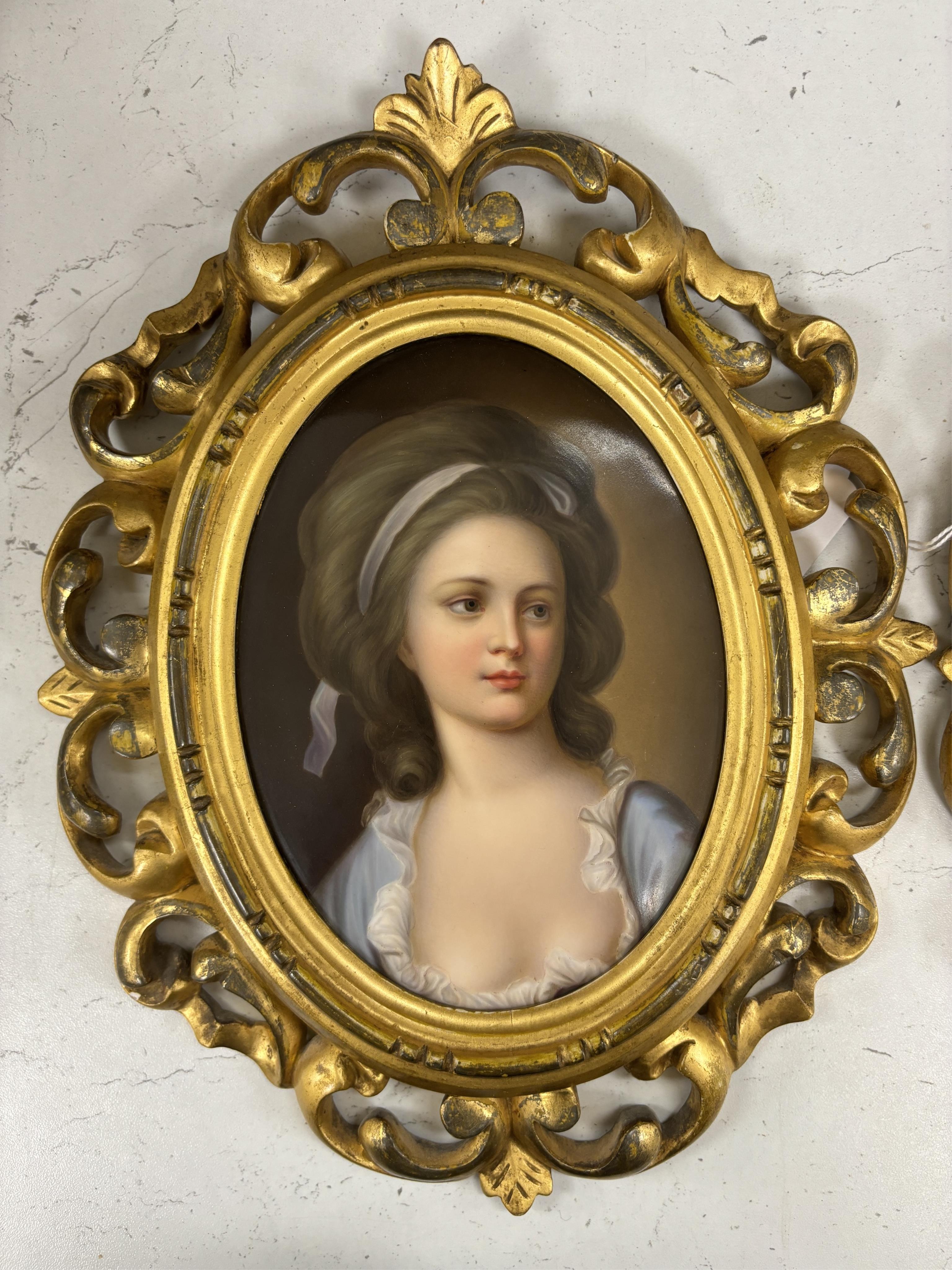 A pair of Continental oval porcelain plaques hand painted with female portraits, housed in - Image 2 of 4
