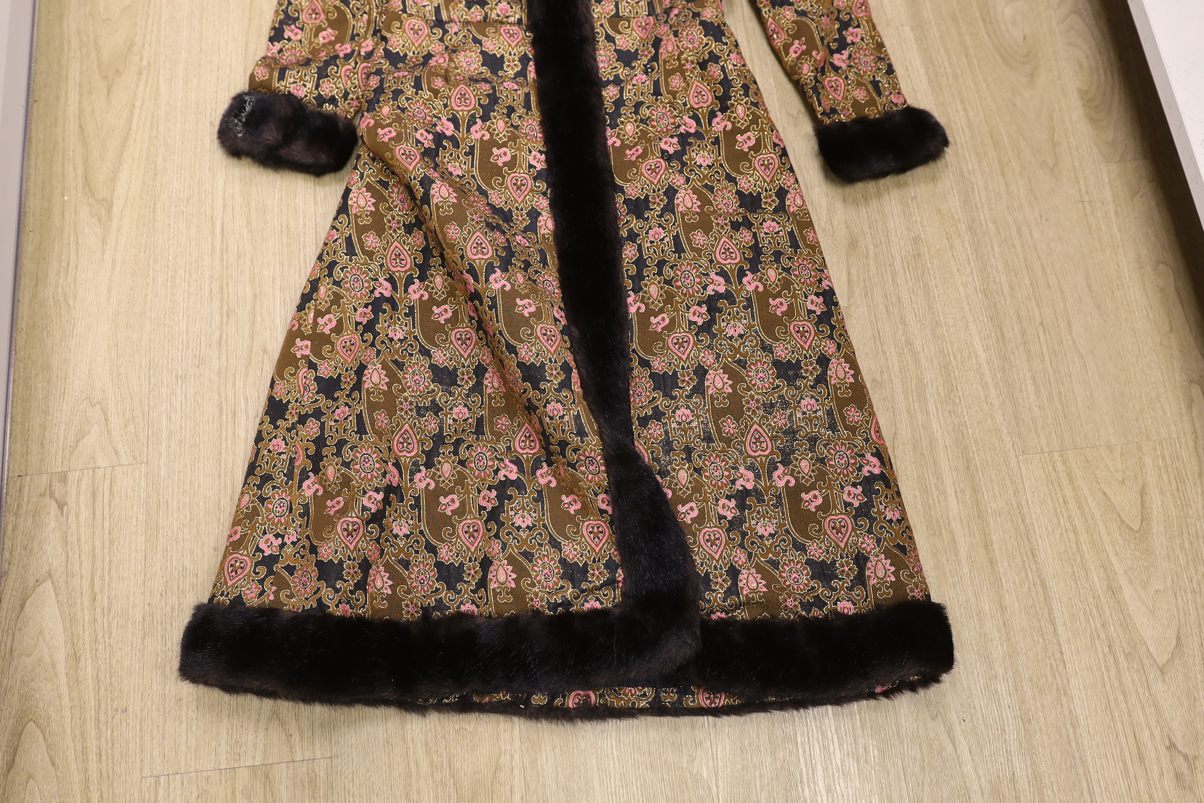 Two late 20th century brocade ladies evening coats, one with fur trimming to the neck, cuffs and - Image 4 of 5