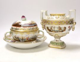 A Dresden porcelain ecuelle, cover and stand and a similar vase, Helen Wolfsohn (2), tallest 15cm