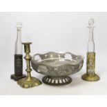 Two mid 19th century prismatic-cut scent bottles in mounts, an Orivit pewter stand and a George II