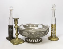 Two mid 19th century prismatic-cut scent bottles in mounts, an Orivit pewter stand and a George II