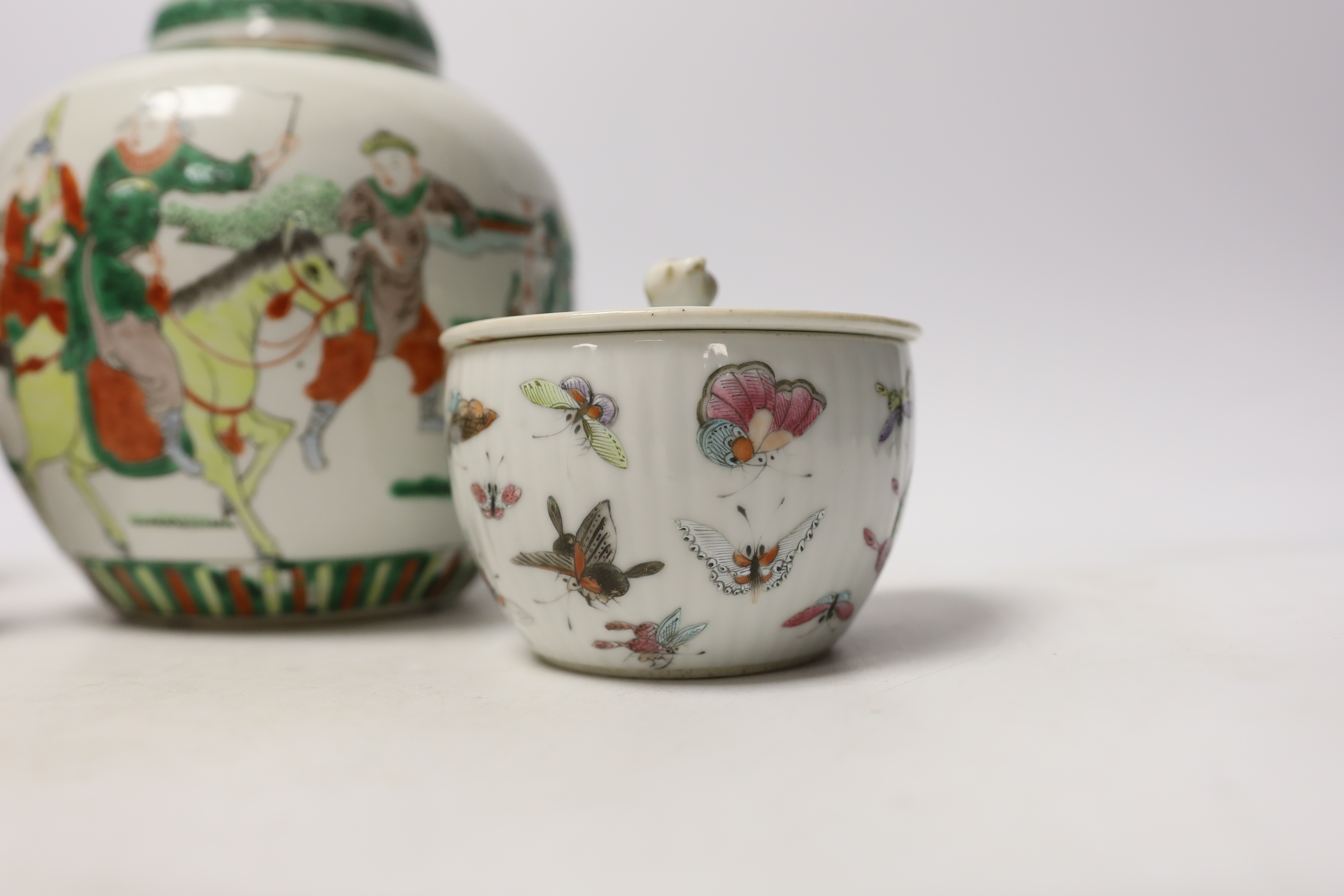 A Chinese famille rose 'butterfly' bowl and cover, Tongzhi mark and period, a famille verte jar - Image 5 of 8