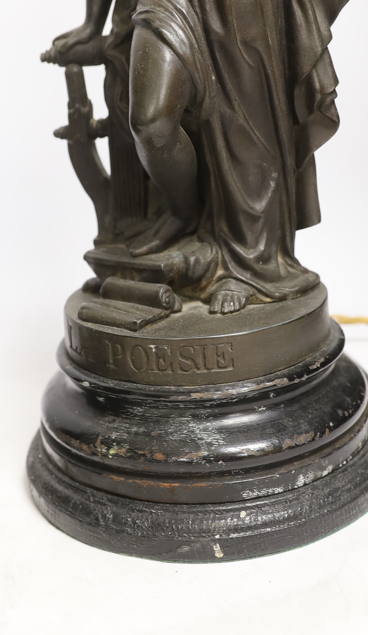 A pair of spelter figural table lamps emblematic of poetry and history, overall 56cm high - Image 5 of 7