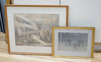 Holloway, heightened ink, Two Cossacks on horseback, together with an unsigned watercolour, ‘Grange,