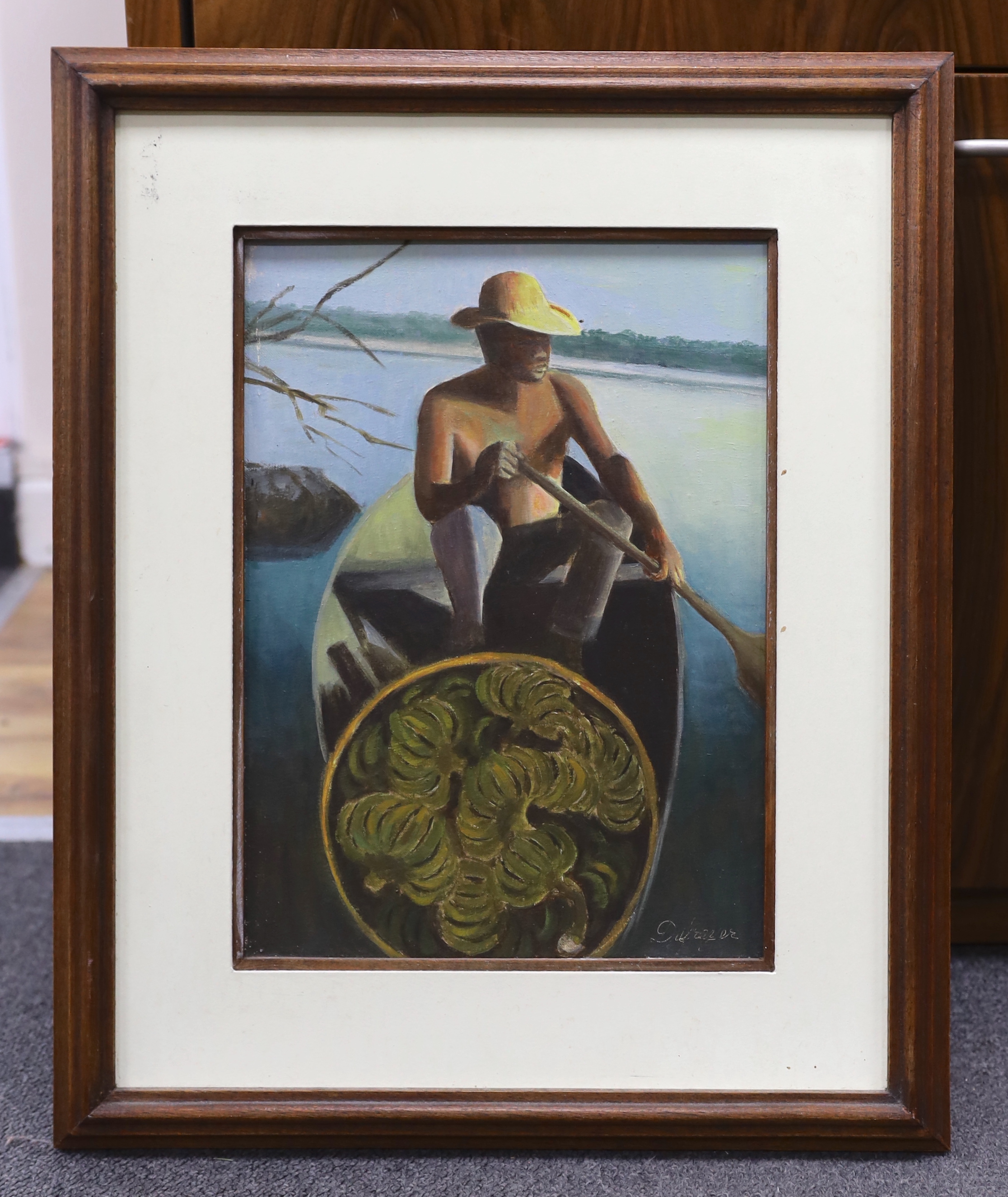 Candeiro (Brazilian), oil on canvas, 'Canoe', signed, inscribed verso, 32 x 23cm - Image 2 of 4