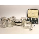 An Edwardian silver mounted oval trinket box, Birmingham, 1905, 98mm and other items including a