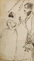 Victorian School, pen and ink, 'Augustus and Augusta exchanging mutual love tokens, 1843, she is