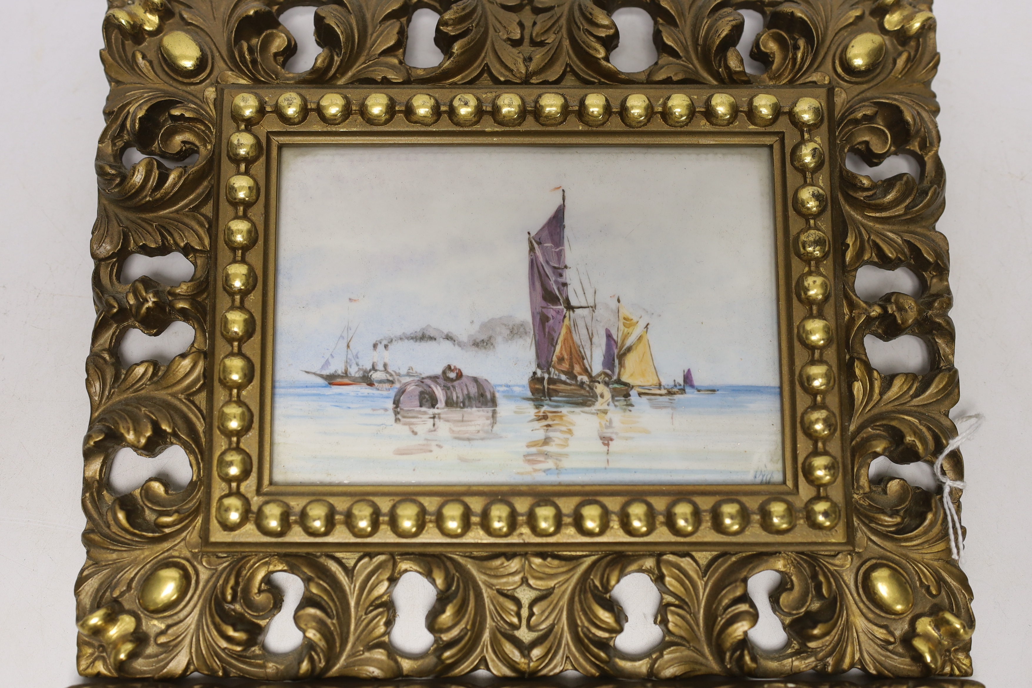 A pair of gilt framed painted porcelain plaques, indistinctly signed, 10x14cm excluding frame - Image 3 of 3