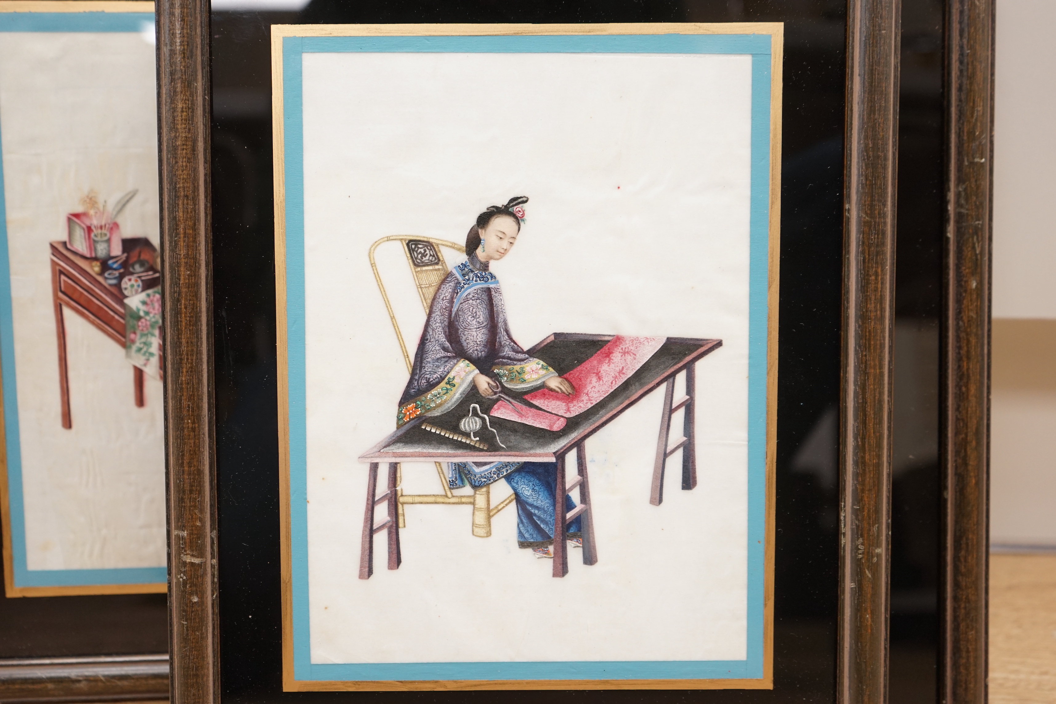 19th century Chinese School, set of six pith paper paintings, 'Ladies at work', 23.5 x 16.5cm - Image 3 of 7