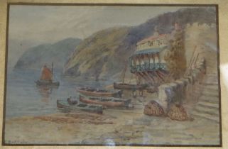 F. Barrow, watercolour, Cornish fishing village, signed, 16.5 x 25cm