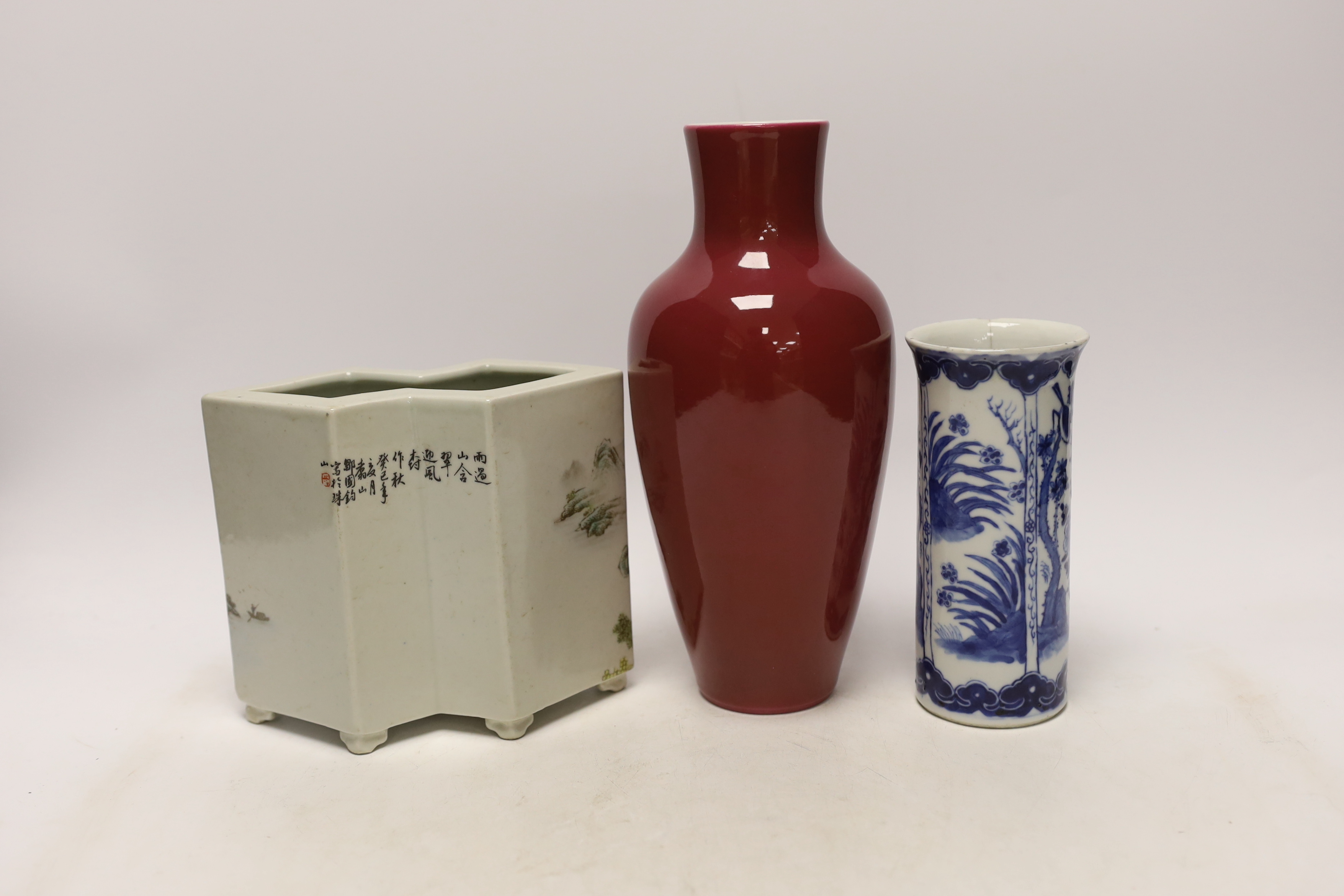 An early 20th century Chinese blue and white cylindrical vase, a ruby ground vase and an enamelled - Image 3 of 5
