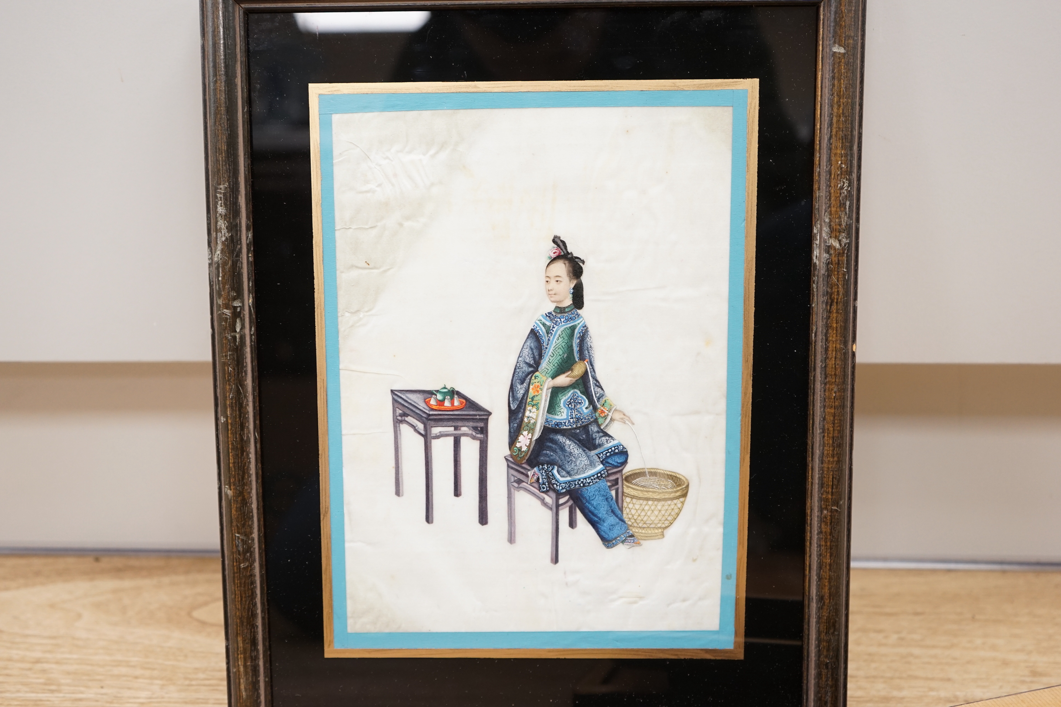 19th century Chinese School, set of six pith paper paintings, 'Ladies at work', 23.5 x 16.5cm - Image 7 of 7
