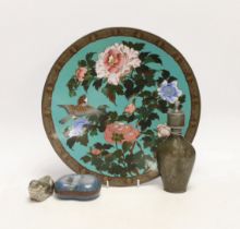 A Chinese cloisonné enamel kidney shaped box and cover, a pewter bottle and white metal ‘rabbit’ box
