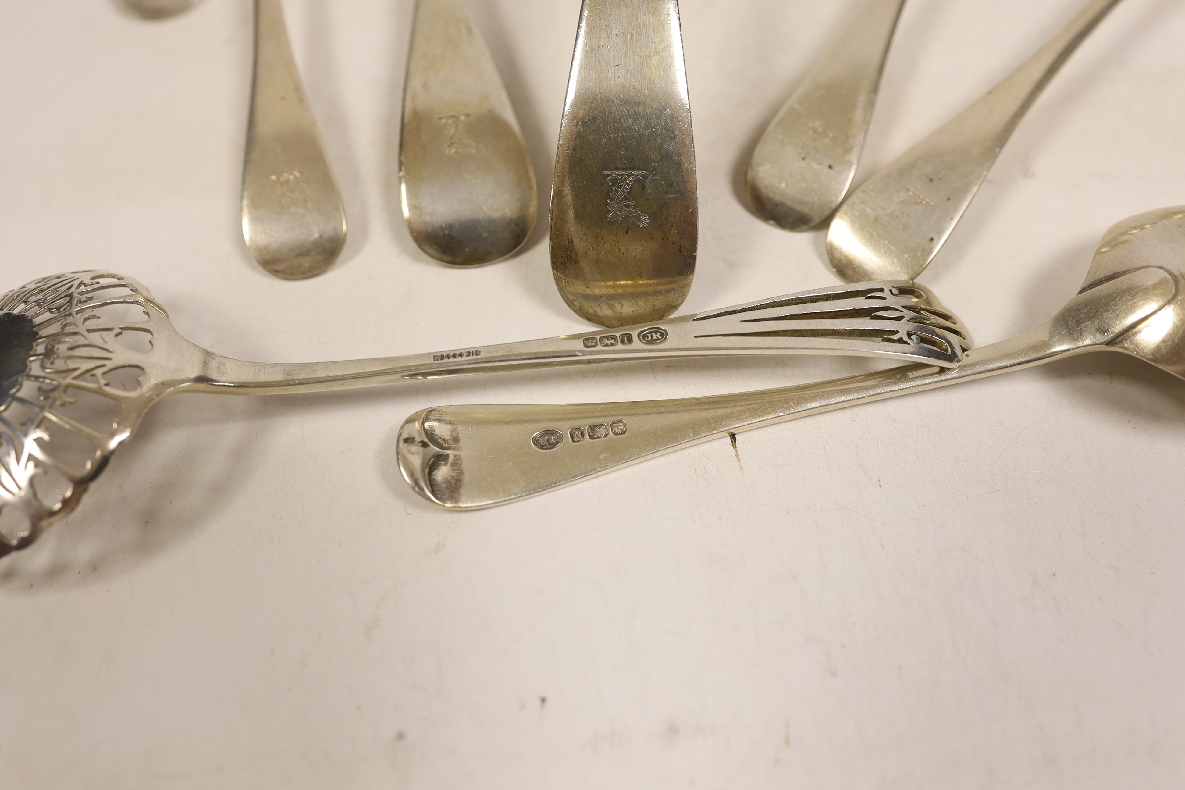 A George V silver Old English pattern soup ladle, basting spoon and set of six soup spoons, John - Image 5 of 6