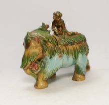 A Continental Majolica elephant & monkey tureen and cover, late 19th century, 28cm wide