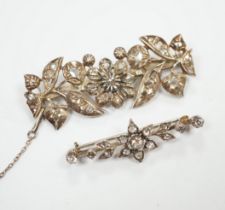 Two early 20th century yellow and white metal, rose cut diamond set foliate brooches, largest