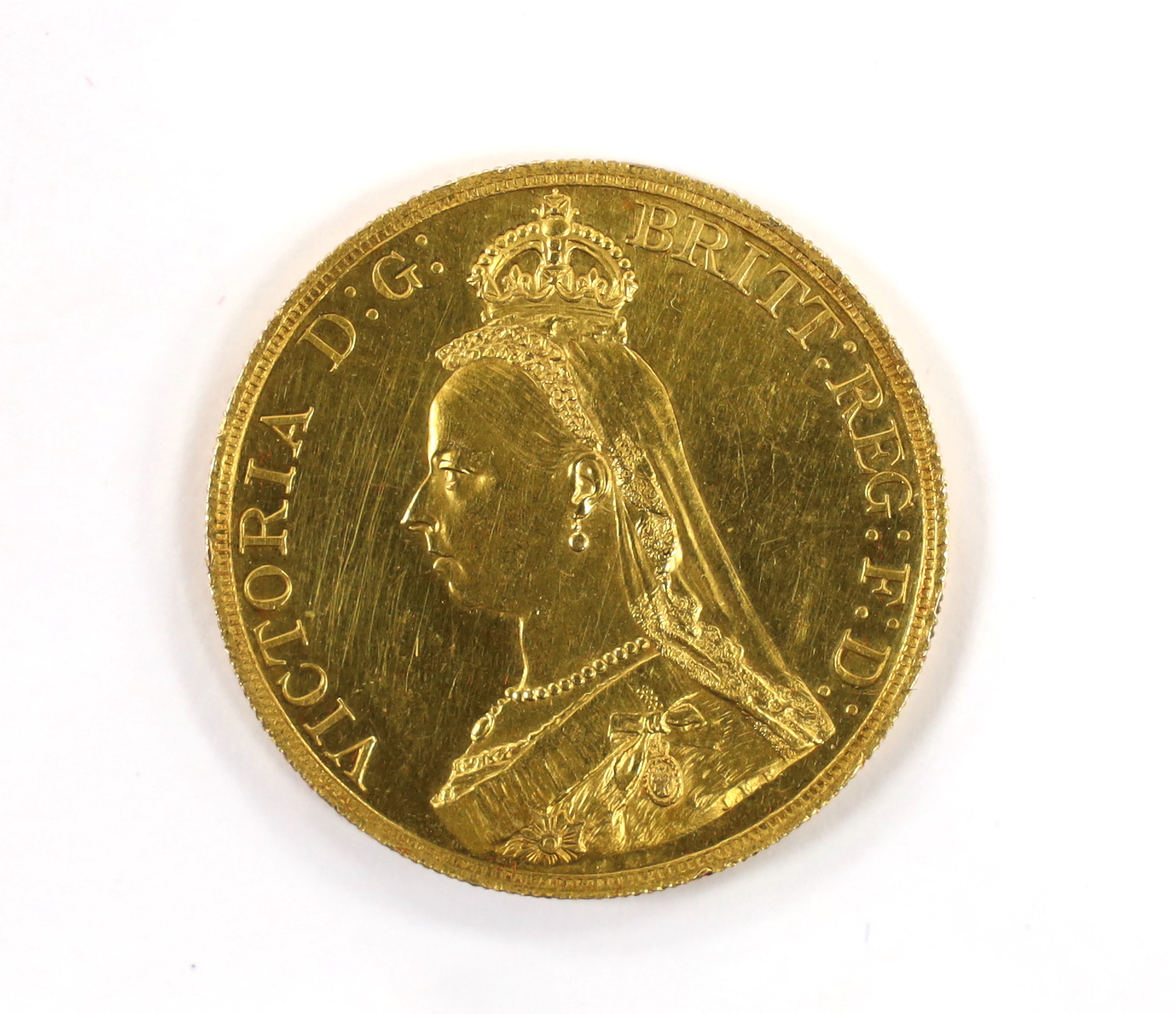 A British gold coins, Victoria gold £5, 1887, small edge nicks, otherwise about UNC. - Image 2 of 2