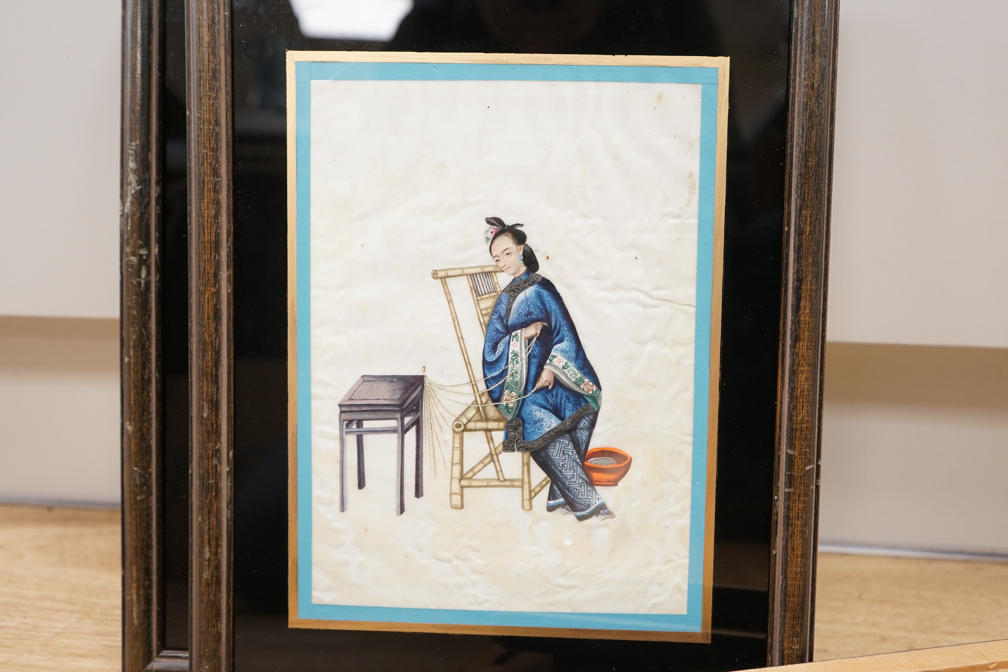 19th century Chinese School, set of six pith paper paintings, 'Ladies at work', 23.5 x 16.5cm - Image 6 of 7