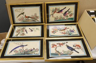 19th century Chinese School, set of six pith paper paintings, Birds of paradise amongst flowers,