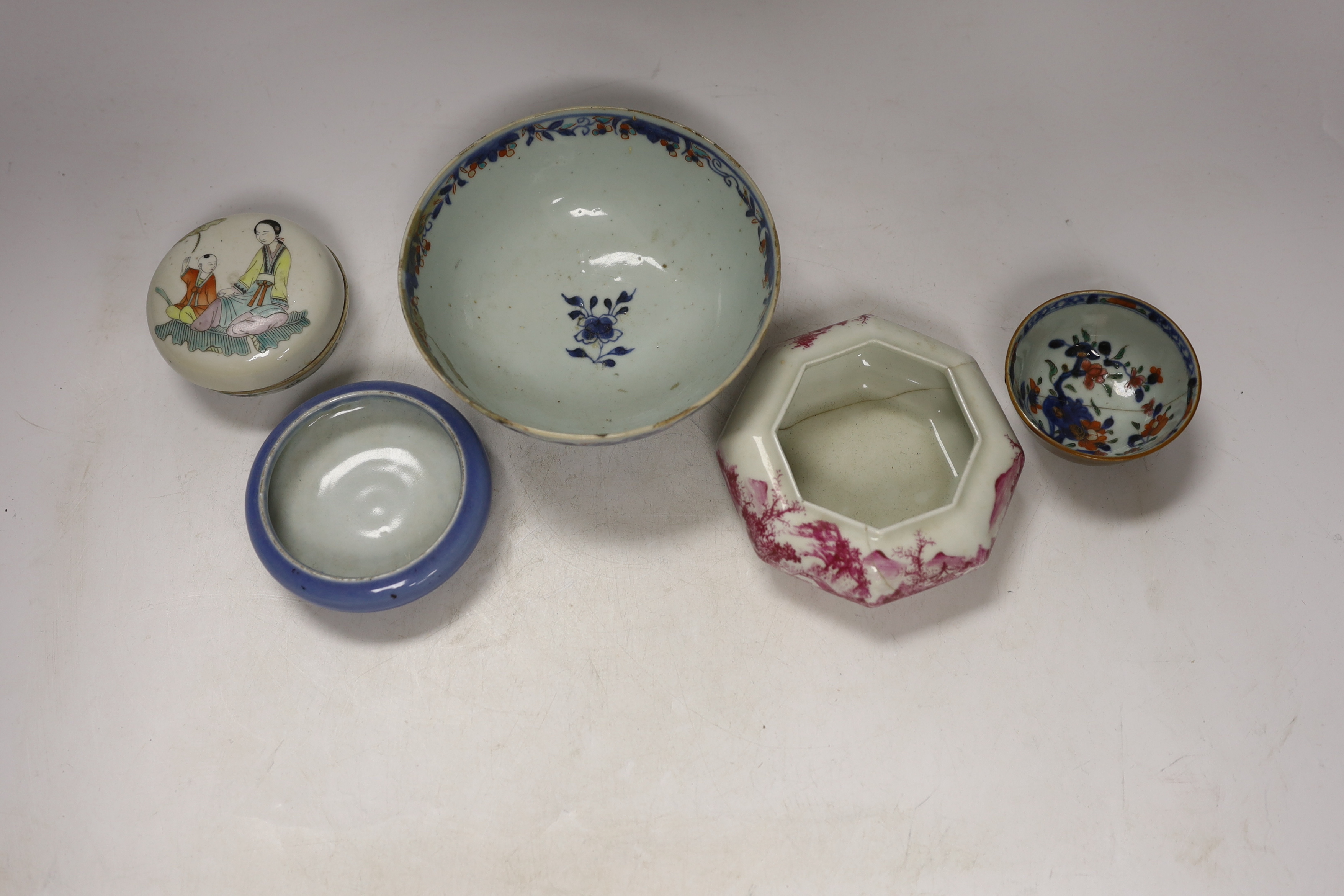 A Chinese Clare de lune glazed brushwasher, a famille rose box and cover, an octagonal puce - Image 4 of 5