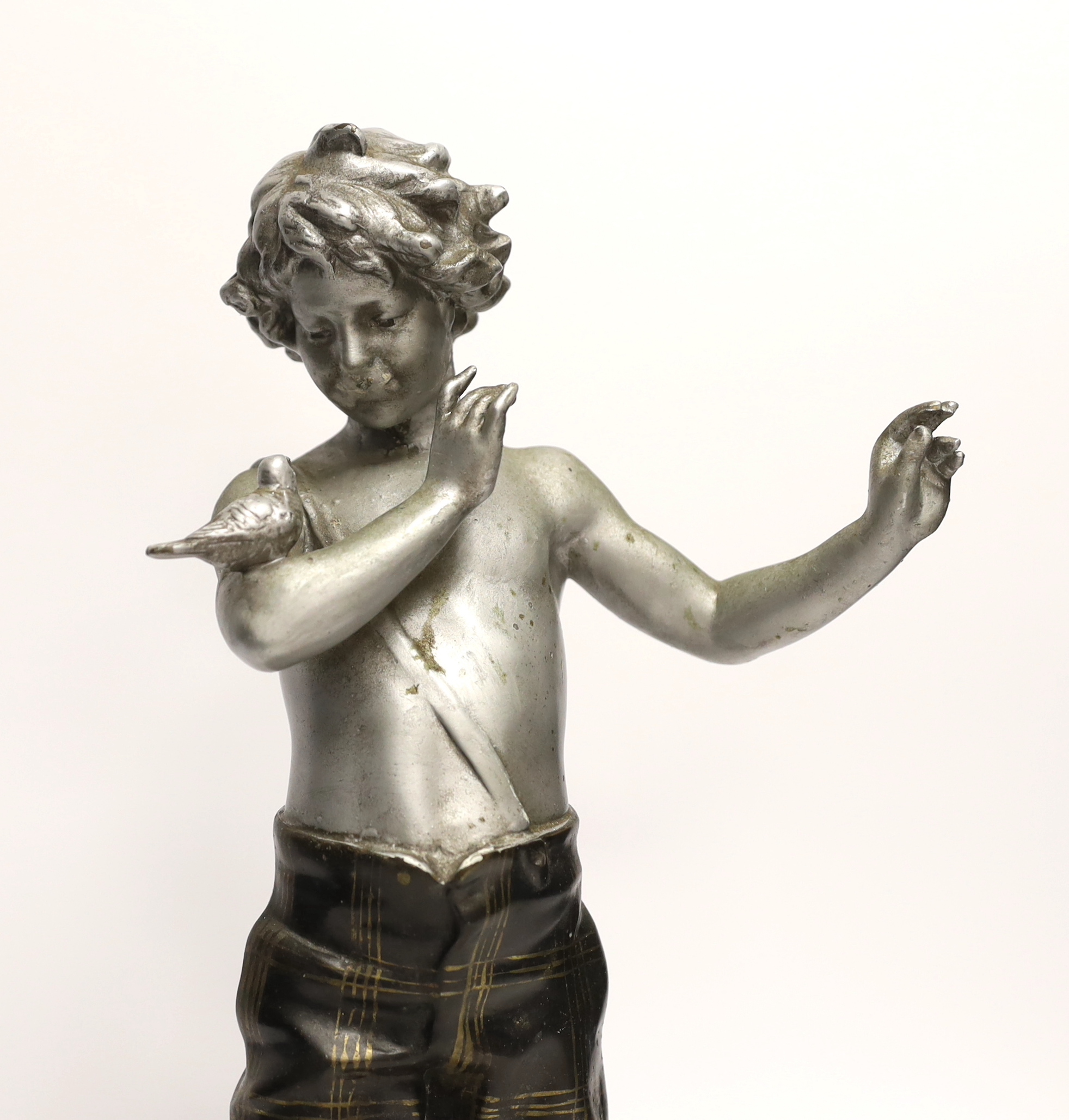 A spelter figure of a boy with bird on two step marble base, 39.5cm high - Image 2 of 3