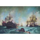 De Mayer (Contemporary, Dutch), oil on board, Naval ships at sea, signed, 20 x 19cm