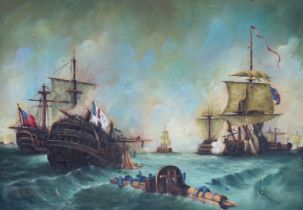 De Mayer (Contemporary, Dutch), oil on board, Naval ships at sea, signed, 20 x 19cm