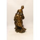 Henri-Emile Allouard (1844-1929), a bronzed spelter figure of a lady and a cat, foundry mark, 61cm