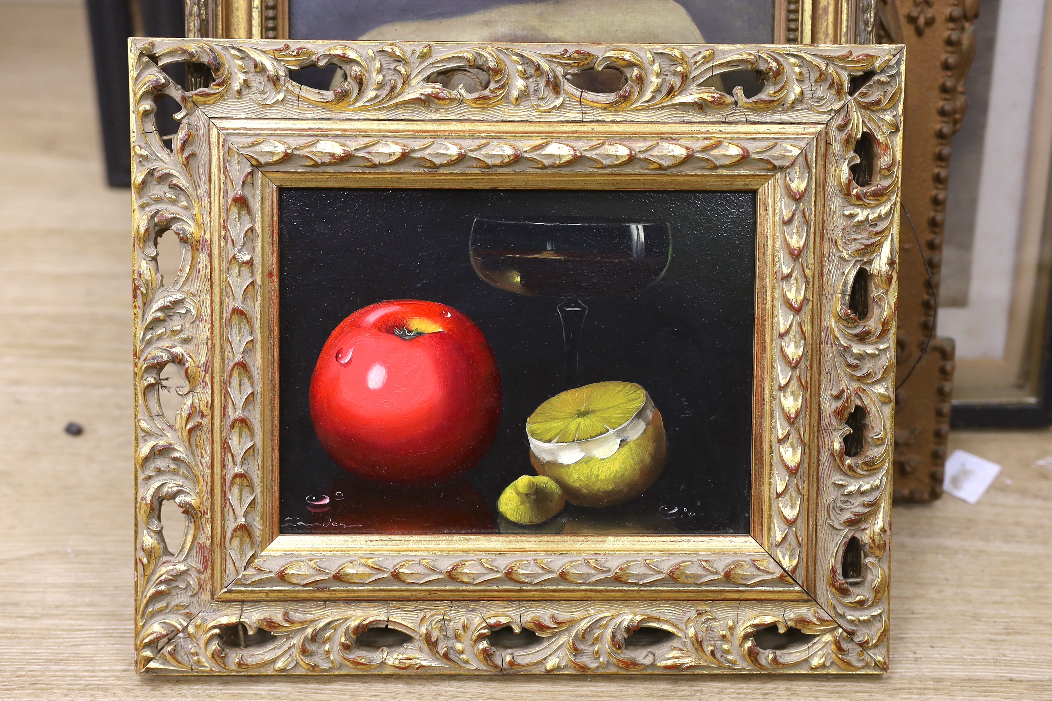 Dutch style, oil on board, Still life of fruit, indistinctly signed and inscribed verso, 14 x 18. - Image 2 of 3