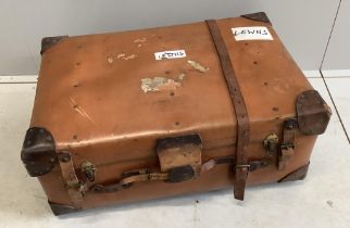 An early 20th century leather mounted travelling trunk, width 76cm, depth 52cm, height 32cm
