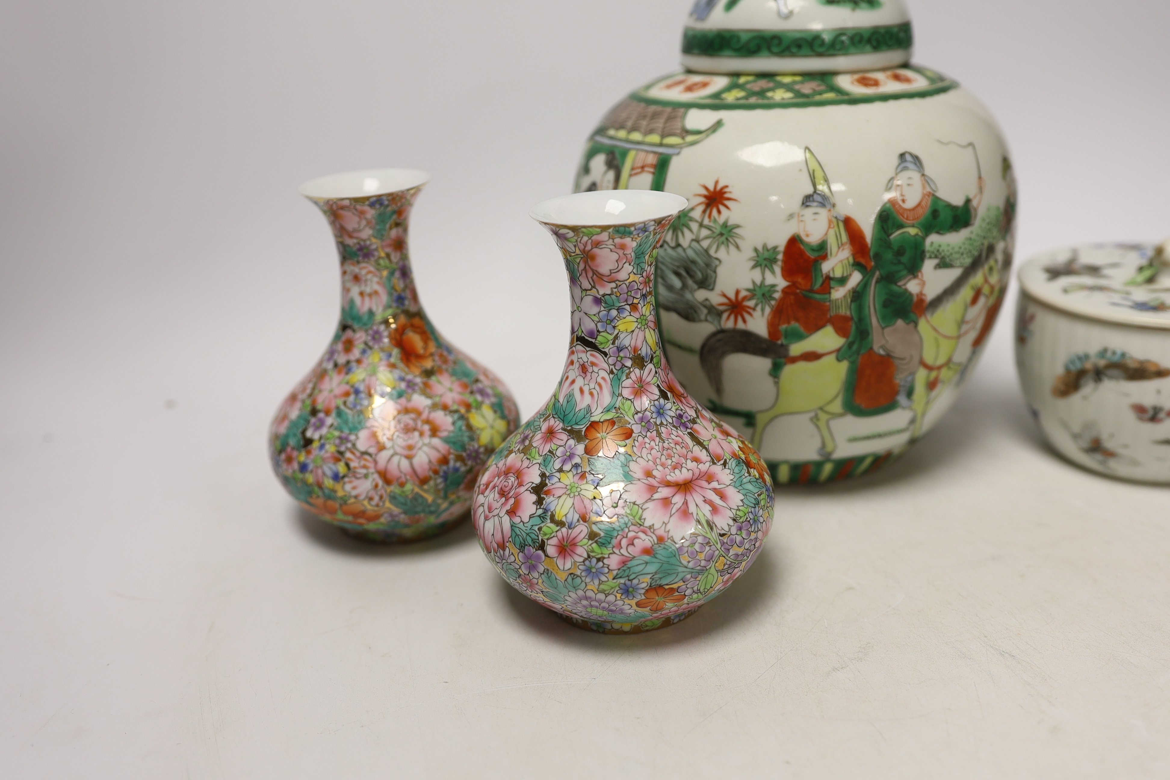 A Chinese famille rose 'butterfly' bowl and cover, Tongzhi mark and period, a famille verte jar - Image 2 of 8