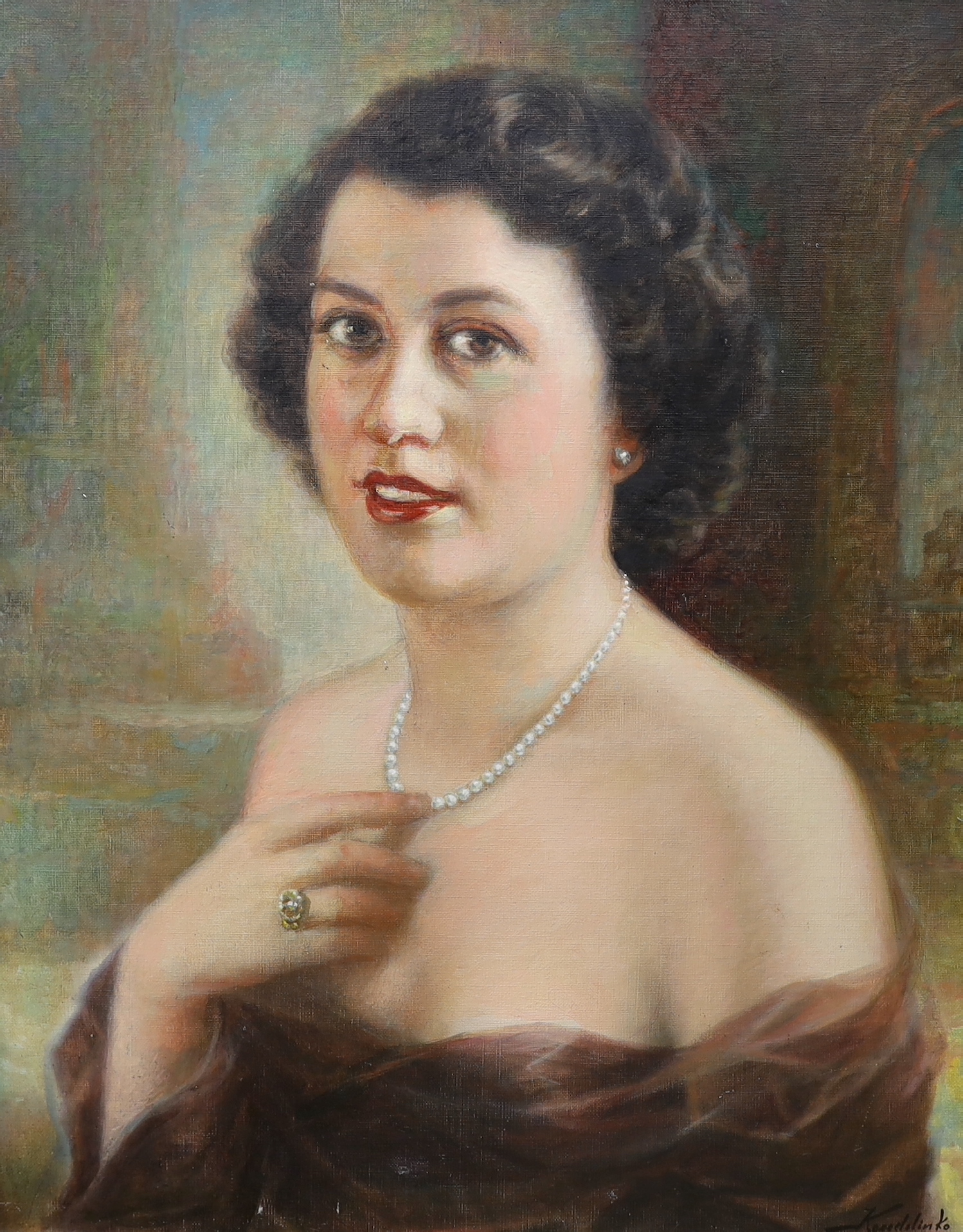 Kondelinko, oil on canvas, Portrait of a lady wearing a pearl necklace, signed, 59 x 48cm