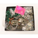 A mixed group of silver, white metal and other jewellery, including a malachite necklace.