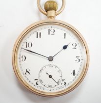 A George V 9ct gold open face keyless pocket watch, with Roman dial and subsidiary seconds, case
