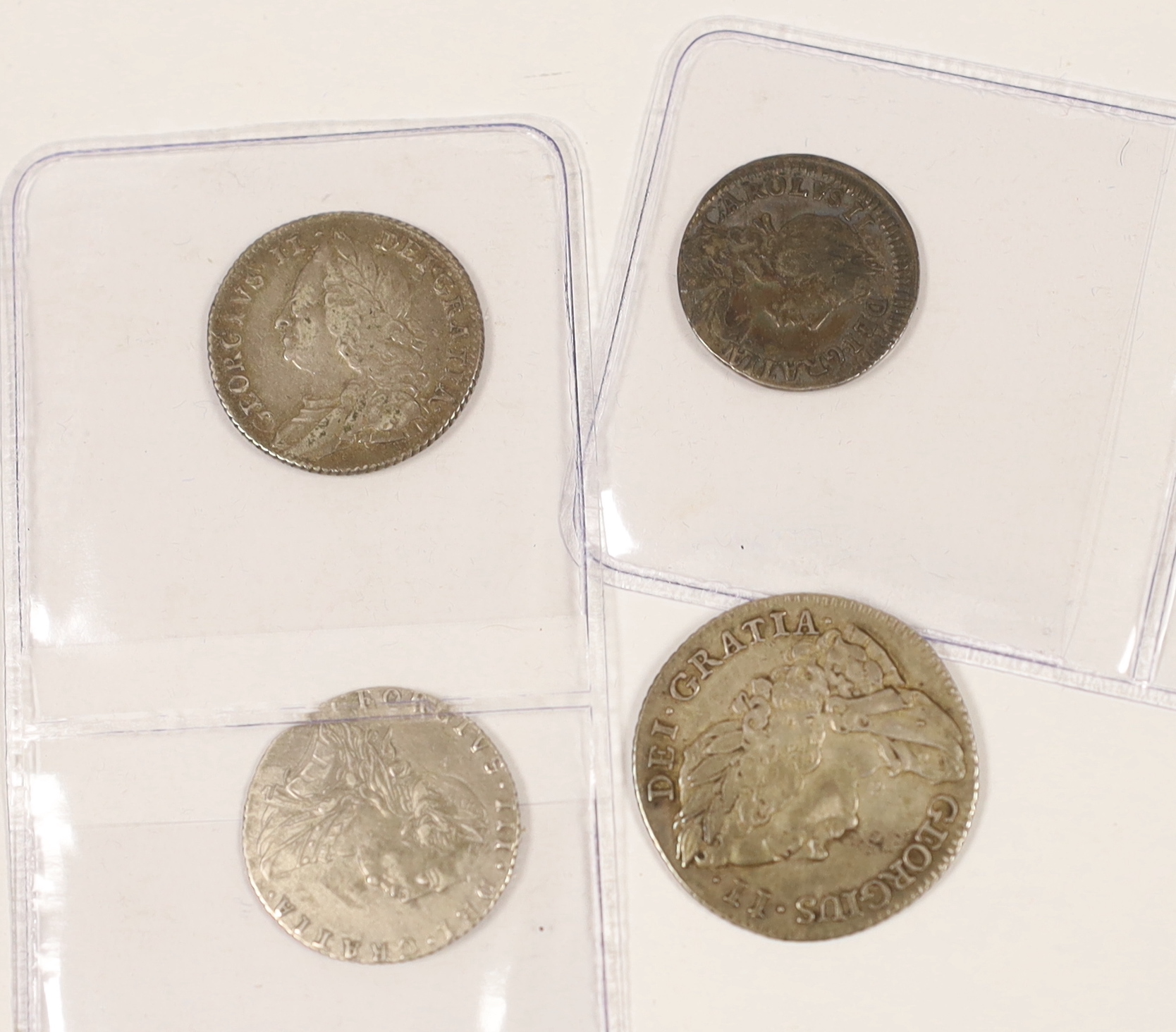 British silver coins - Charles II 4d, 1681, a George II shilling, 1743, F, and sixpence 1757, F - Image 2 of 2