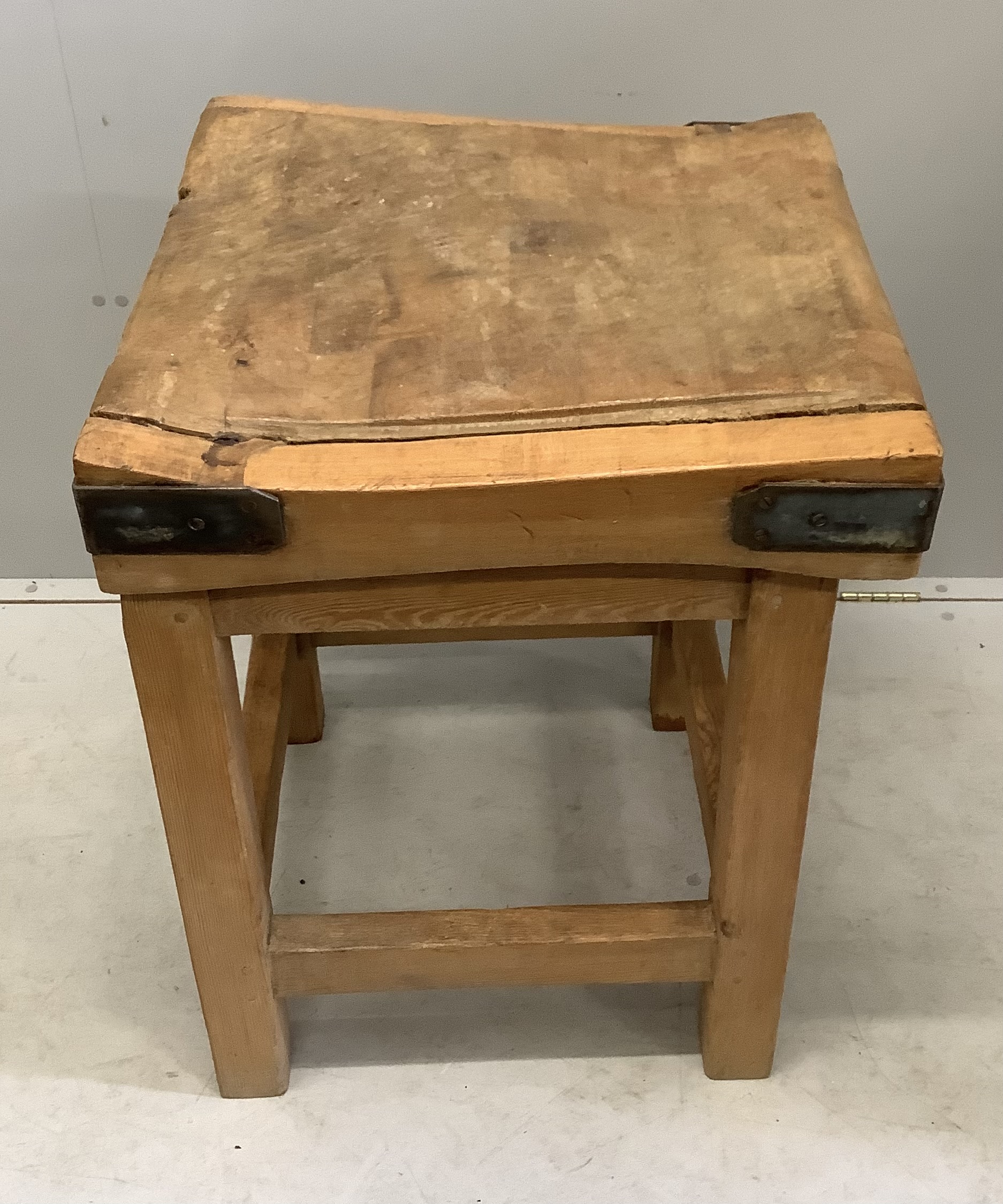 A Victorian iron bound butcher's block on pine stand, width 60cm, depth 61cm, height 81cm - Image 2 of 3