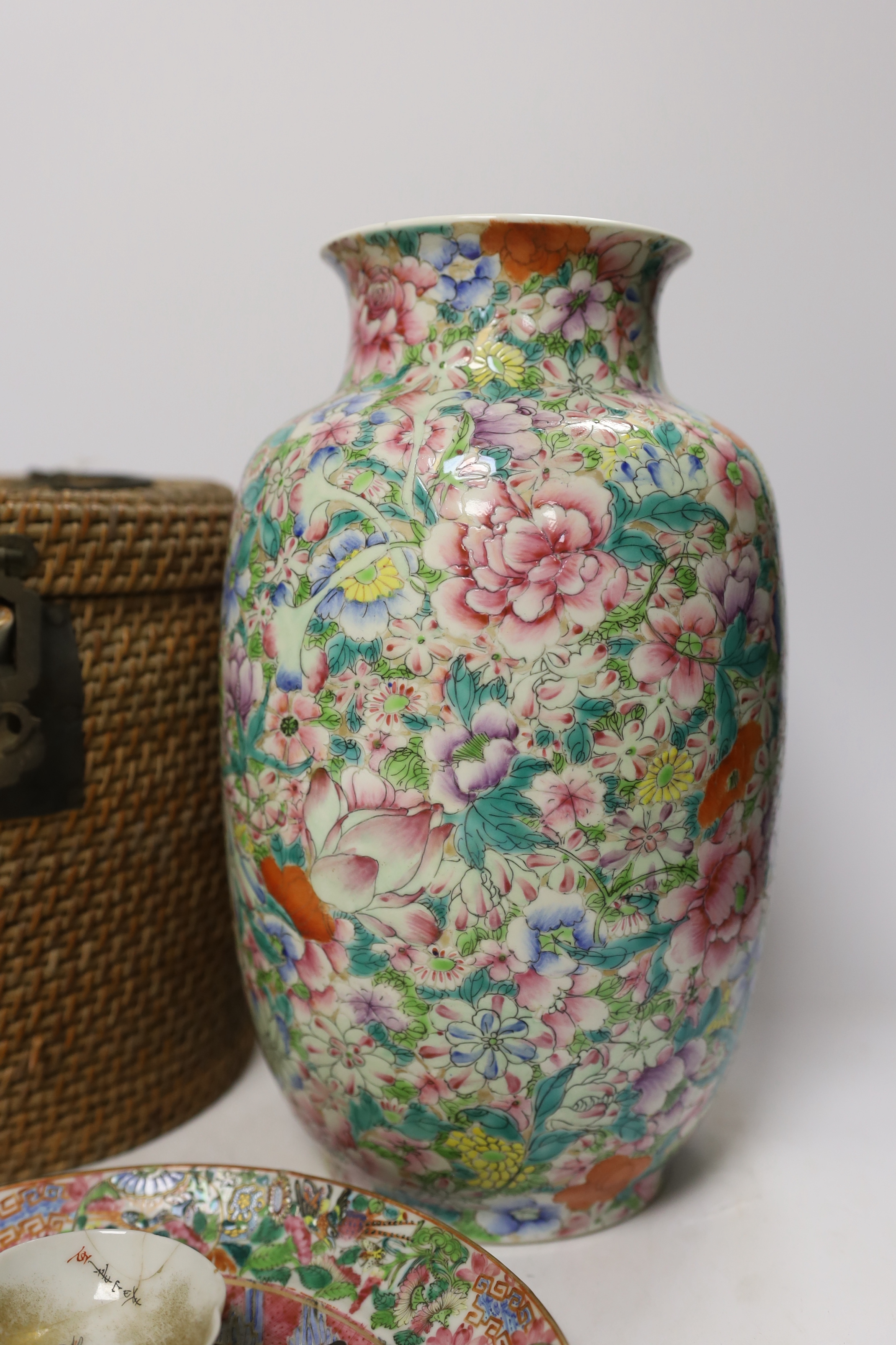 Two Chinese enamelled porcelain Millefleur vases, one with Qianlong Mark, both late 19th/early - Image 4 of 6