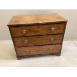A small 19th century mahogany three drawer chest, width 91cm, depth 46cm, height 78cm