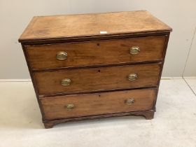A small 19th century mahogany three drawer chest, width 91cm, depth 46cm, height 78cm
