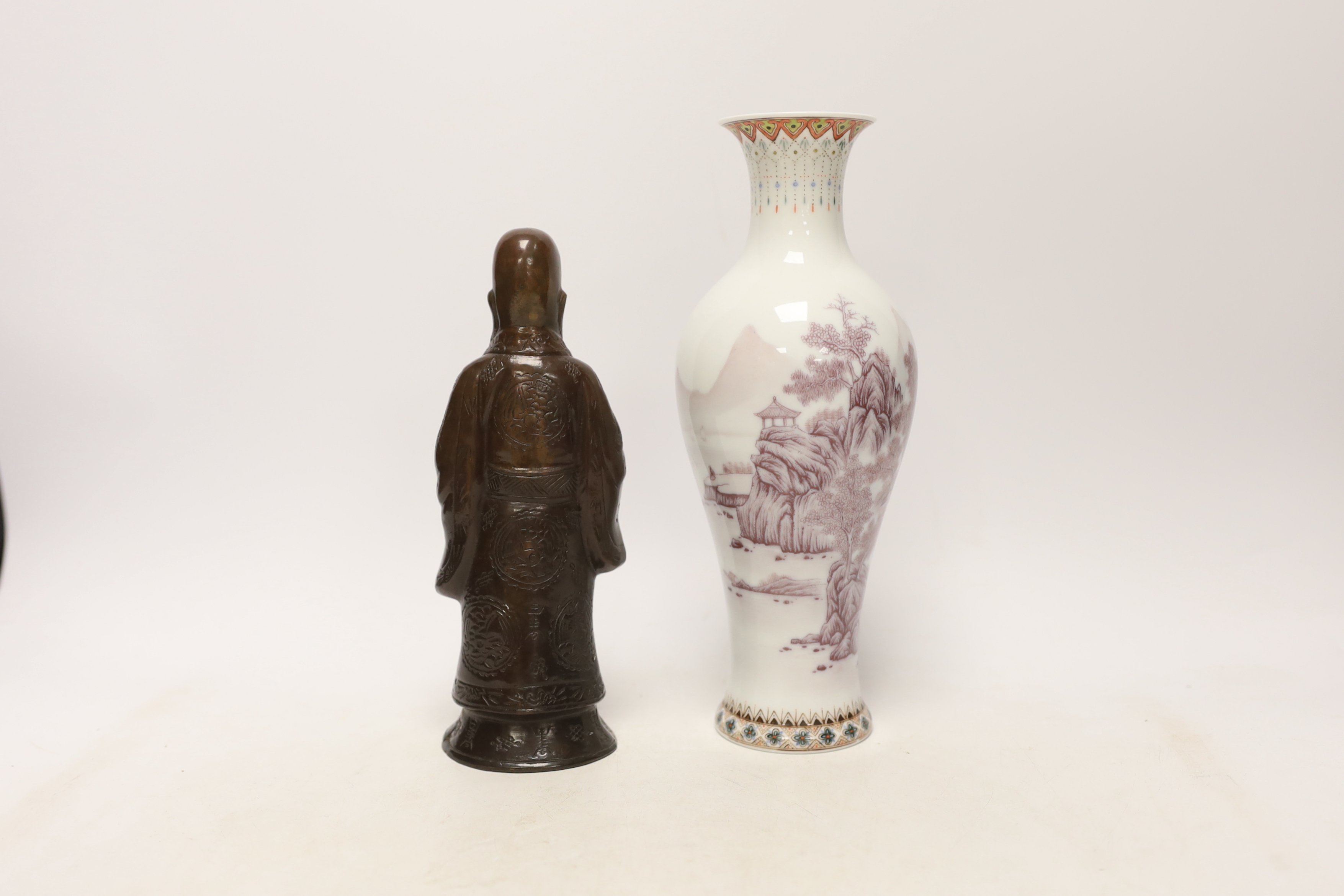 A Chinese bronze figure of Shou Lao and a Chinese Republic period vase, 1991, largest 26cm high - Image 2 of 4