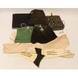 Five ladies evening bags 1930's-40's, together with a pair of pink leather evening gloves and a