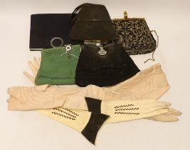 Five ladies evening bags 1930's-40's, together with a pair of pink leather evening gloves and a