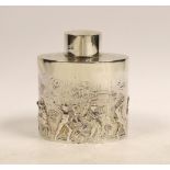 An Edwardian oval silver tea caddy embossed with all round Classical Greek imagery of figures,