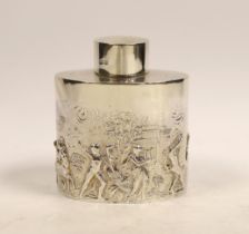 An Edwardian oval silver tea caddy embossed with all round Classical Greek imagery of figures,