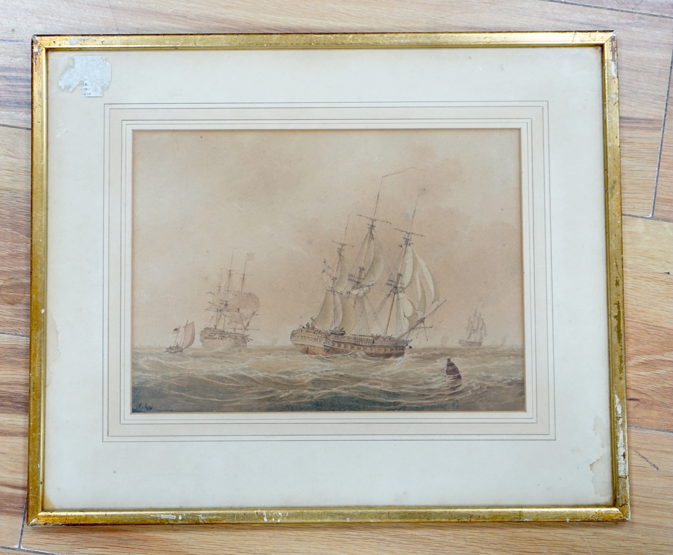 John Cantiloe Joy (1806-1866), watercolour, Shipping at sea, signed, 21 x 29cm - Image 4 of 5