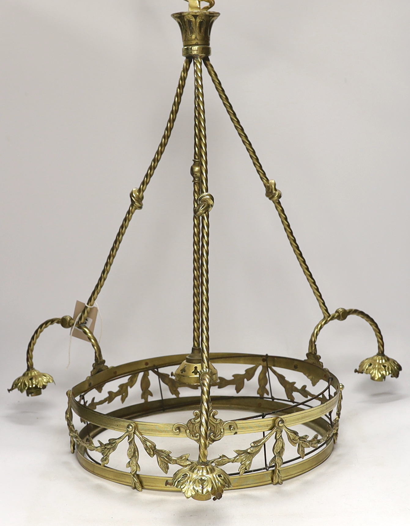 A brass three branch (four light) electrolier and four etched glass shades, 64cm high - Image 2 of 5