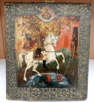 19th century Russian school, Icon, St George and The Dragon with Christ in Majesty above, applied