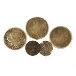 British silver coins - a Charles II crown 1682, two William III silver crowns, 1696, a James VI