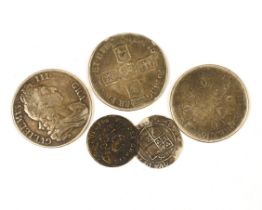 British silver coins - a Charles II crown 1682, two William III silver crowns, 1696, a James VI