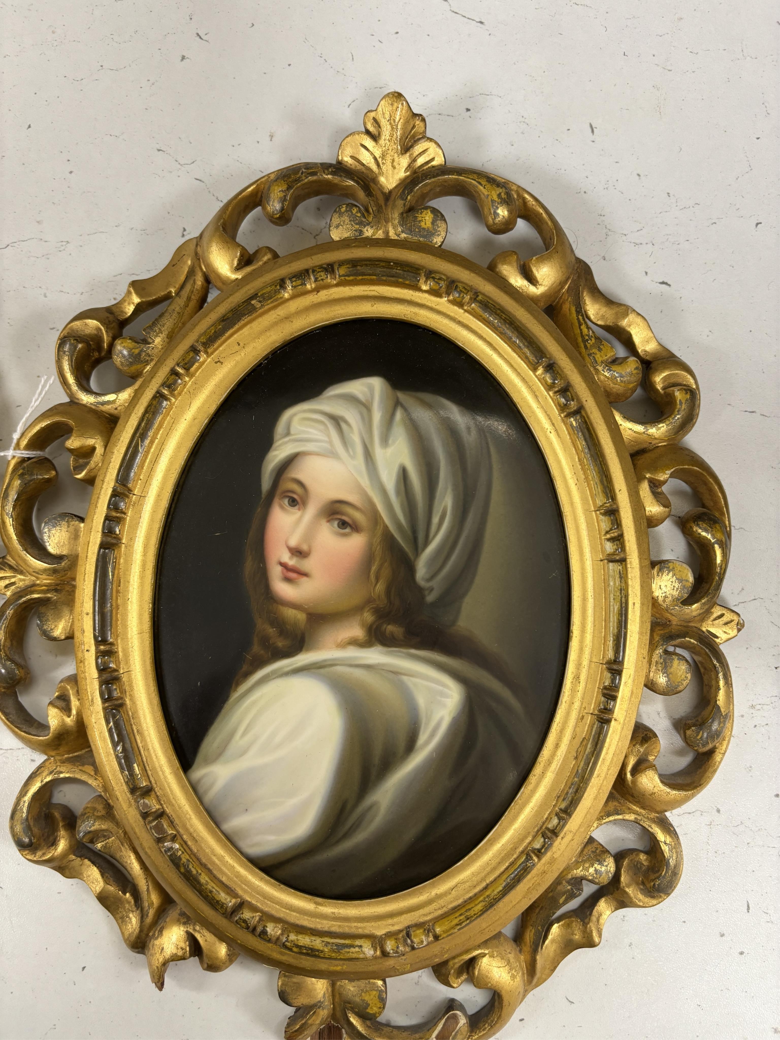 A pair of Continental oval porcelain plaques hand painted with female portraits, housed in - Image 3 of 4